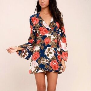 Lulu's Floral Wrap Mini Dress - Blue and Red